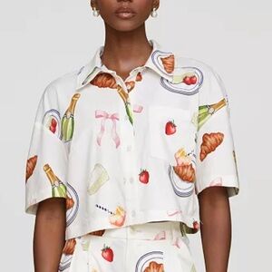 Avec Les Filles - Women's Ivory Printed Camp Shirt - Brunch - Tabletop